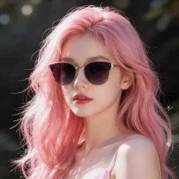 a girl with pink hair and sunglasses