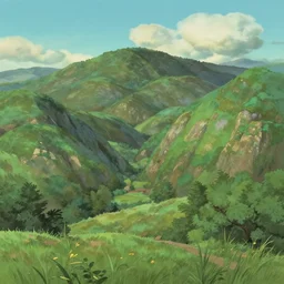 a valley surrounded by mountains, anime style, by studio ghibli
