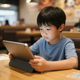 kid on ipad in restaurant