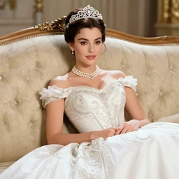 a photo of young sophia loren, posing as a queen, lounging on expensive sofa, wearing tiara, pearl necklace, intricate gown, holding up a pizza!!!! margherita!! to the camera, beautiful, stunning, golden lighting, exquisit detail, masterpiece, burlesque photo by letizia battaglia