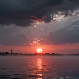 hyperrealistic the eastern horizon was strung with rain clouds and the sun should have risen out of the water like a mist_shrouded egg yolk, but it didn't. Its red light mushroomed along the horizon, then rose into the sky as a cross pascal blanche dramatic lighting wide angle 35mm shallow depth of field 8k