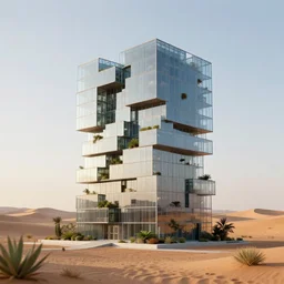 a modern building made of rectangle tetris, in the desert, glass and plants, octane render, trending on artstation