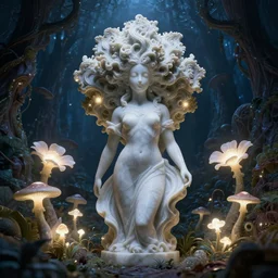 an idealistic marble statue with fractal flowery hair in a fractal garden, glowing delicate flower and mushrooms that grow in a dark fatansy forest on the planet pandora,, symmetrical,