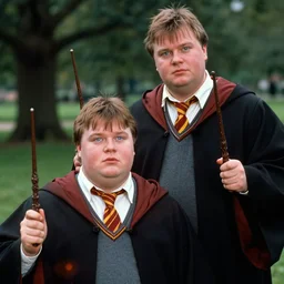 sharp, highly detailed, film still from a 2 0 0 2 comedy 8 k movie, two two two two two two clean - shaven chubby wizards appear in a park in 2 0 0 2, a short male wizard and a tall male wizard, wearing robes and neckties, holding wands, atmospheric lighting, in focus, reflective eyes, 3 5 mm macro lens, live action, nice composition