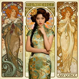 full figure portrait of a beautiful mysterious chinese in cheongsam holding flower, by eve ventrue, michael carson, andreas rochas, john watkiss, casey weldon, artgerm. art nouveau. tarot card by mucha. gloomhaven. swirly intricate linework background. gaudy colors, sharp edges. octane render