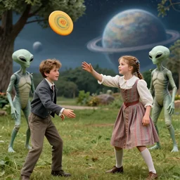 detailed, sharp, a human boy and a girl playing frisbee with humanoid alien boy and girl, wearing 1850s era clothes, in a park on an alien planet, extremely highly detailed, highly detailed faces, 70 mm still from a period sci fi color movie, 4k, HD, cinematic lighting