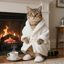 A humanoid cat at home in a bathrobe and slippers with a cup of coffee next to the fireplace, Kenneth Grahame, 8k, hd