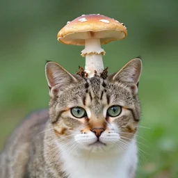 a small domestic housecat with a fruiting mushroom growing atop its head