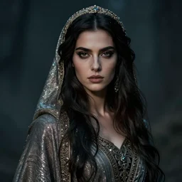 gorgeous iranian warrior girl of the feywilds, beautiful face, strong line, muted colors, shimmering clothing, moody lighting, high contrast, by brian froud, by john anster fitzgerald