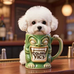 a photorealistic photograph of a Trader Vic's Tiki Mug featuring a Bichon Frisé puppy at bar Trending on Artstation, featured on Behance, well-rendered, Unreal Engine, 4K HD