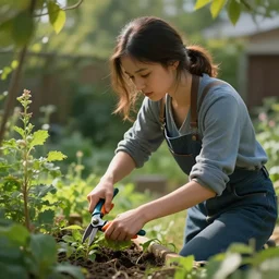 girl is working in garden with pruning shears, artstation greg rutkowski, cinematic, hyperrealist, digital art