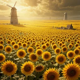 a civilization of sunflower people, matte painting, volumetric apocalyptic illumination