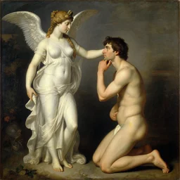 thinking man kneeling in front of a nymph, painting, greek