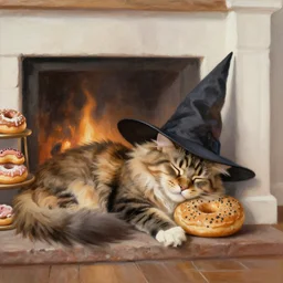 realistic painting maine coon cat wearing witch hat sleeping near hearth in bakery donuts cakes