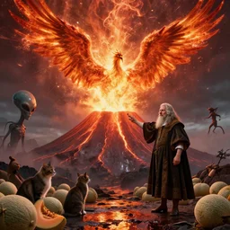 by barthel bruyn the elder and senior character artist, visually stunning, cinematic, ultra realistic, hyper realism, 1 2 k, epic, octane render, unreal engine, vfx, maya, a phoenix giving the illusion of an eruption, cats and cantaloupes, vitruvian alien, the volcano is wet