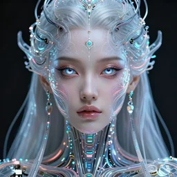 very beautiful woman cyborg, bionic pupils!, full face frontal centered, portrait, detailed intricate symmetrical ornate!!! neon cables connected to head, clear lips, luxurious long hair, sophisticated neon wiring and implants like jewlery, translucent!!!!, porcelain, fractal, sci fi, dramatic lighting, photography, highly detailed, artstation, deviantart, 8 k, by chie yoshi