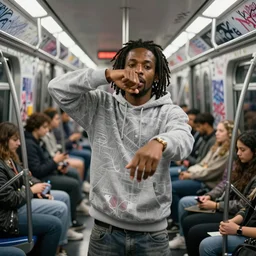 a man with dreads and a hoodie freestyle rapping on a subway car filled with people and covered in graffiti. translucent. layers. reflective. intricate. super detailed. very coherent. face in focus. award winning. trending on artstation