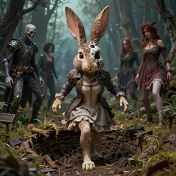 Alice goes down the rabbit hole,highly detailed,half skull face,cinematic,8k,by Stanley Artgermm,Tom Bagshaw,Greg Rutkowski,Carne Griffiths, Ayami Kojima, Beksinski, Giger,trending on DeviantArt,hyper detailed,horror, full of colour