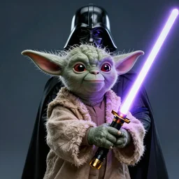 yoda. darth vader holding light saber. digital render. fanart.