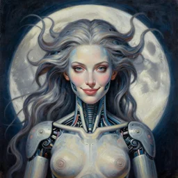 perfectly centered portrait front view of a beautiful biomechanical moon goddess, flowing hair, intense stare, sweet sarcastic smile, symmetrical, concept art, intricate detail, volumetric shadows and lighting, realistic oil painting by pablo picasso,