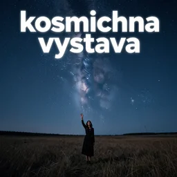 album cover, with text'kosmichna vystava ', a beautiful landscape of a starry sky with an beautiful woman waving to the horizon, cinematic, dramatic, photojournalism, highly detailed