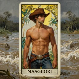 a dramatic, epic, ethereal tarot painting of a handsome!! brown shirtless man (dressed as a cowboy) | background is a torrential flooding river | tarot card, art deco, art nouveau | by Mark Maggiori | trending on artstation