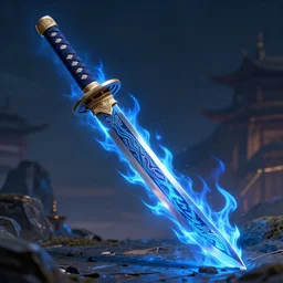 magical katana with blue flames running up and down the blade, digital art, intricate design, vivid