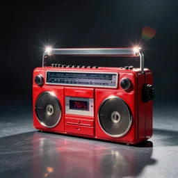 vintage analog product photography of a leather boombox, 70s design, bright red, studio lighting, film grain, lensflare, color bleed, glare