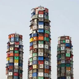 tall towers made up of colourful makeshift squatter shacks, mamiya, uniform plain sky, highly detailed, photographed by bruno barbey