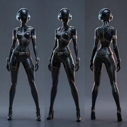 three views game character design by illustrator of riot games, donato giancola and greg rutkowski. just one lonely black tape project show attctive showgirl!! full body!! future head set. contour light effect!! 8 k. stage light. octane render. sharp edge. ultra clear detailed