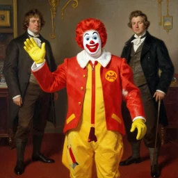 donald trump dressed as ronald mcdonald, matte painting, by isaac levitan and asher brown durand,