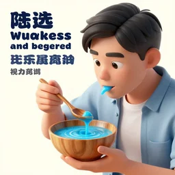 poster of a man eating blue cyan soup from a wooden bowl, award winning, trending on artstation, unreal engine
