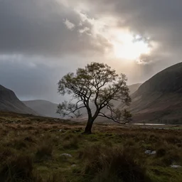 landscape scotland photography, lonely tree, by marcus mcadam, directional light, cinematic, dramatic lighting, mountains, clouds, beautiful, 1 6 mm lens, color