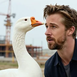 ryan gosling fused with a goose, construction, natural light, bloom, detailed face, magazine, press, photo, steve mccurry, david lazar, canon, nikon, focus