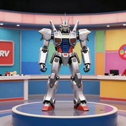 armored core v robot standing on the small stage in the tv studio, colorful panels. funny indonesian tv show in 9 0 s. color vhs footage.