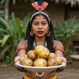 high quality photo of an amazonian queen holding out a plate of potatoes to the camera