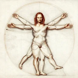 a leonardo davinci sketch of a vitruvian person wearing a device that amplifies their creativity