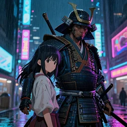 samurai with his daughter, rainy night, neon glow concept art, sharp focus, city background, intricate, digital painting, cyberpunk 2077, octane render, wallpaper, highly detailed, anime key visual, rich vivid colors ambient lighting,, illustration, art by Artgerm, Makoto Shinkai, Ilya Kuvshinov, Lois Van Baarle and Rossdraws