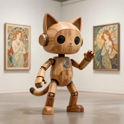 3D octane render ultra 8K photorealistic hyperdetailed unreal engine ,a wooden a very cute mystical robot of the bohemian with cat’s ears in a zen rebelle heroic pose ,concept art ,trending on cgsociety ,artwork masterpiece , in a contemporary art gallery in neo Paris ,by Alphonse Mucha and Josan Gonzalez and Geof Darrow
