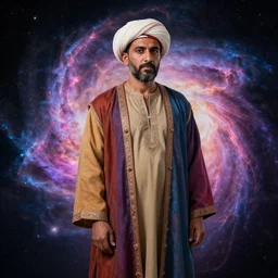 middle ages middle eastern colored clothing, wearing a turban, middle aged man, dark complexion, well short trimmed beard, 3 / 4 portrait, nebula aura surrounding object, futuristic looking, head and full body view, rembrandt art style, realistic art style