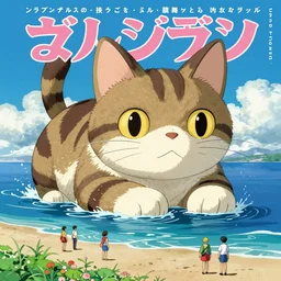 a beautiful japanese magazine cover of a giant cat in the middle of the sea, people on beach illustrated by miyazaki, highly detailed, concept art, trending,, sunny day, illustration art, japanese style