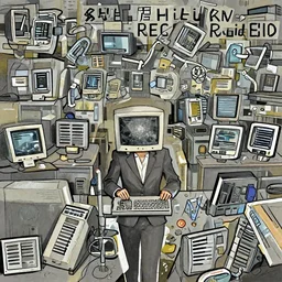 A businesswoman with a CRT monitor as a head, inside a dark abandoned office by Beksinksi and Greg Rutkowski