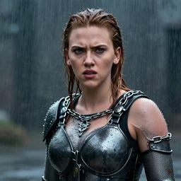 angry scarlett johansson, wearing rain soaked chains armour in heavy rain, incredibly fine detailed portrait, battle angel alita, black and white, dynamic angle, pencil and ink manga, elegant, full body profile, far way wide angle 3 5 mm camera shot, highly detailed, dramatic full moon lighting, gothic cathedral prodominently in the background, movie cover