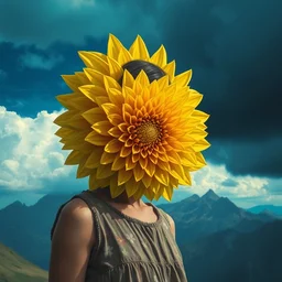 closeup girl with huge yellow dahlia flower face, intricate, standing on mountain, surreal photography, blue storm clouds, dramatic light, impressionist painting, digital painting, artstation, simon stalenhag
