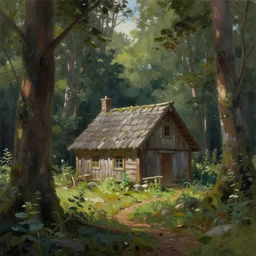 a painting of a close up of a single cottage in the woods and empty woods, 8k, fantasy, hyper realistic, atmospheric lighting, cinematic