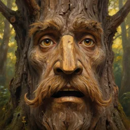 a talking tree, a face in the bark, mouth in the bark, nose made of wood, eyes in the bark, fantasy concept art, big moustache, digital painting, oil painting, hyperrealistic, beautiful, treebeard, ent, magical, highly detailed, soft lighting, golden sunlight, very detailed eyes, artstation, cgsociety, in the forest, by alan lee, by artgerm
