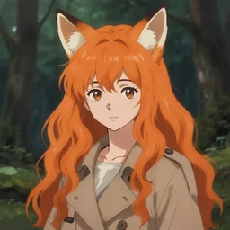 illustration by tatsuki fujimoto, girl with fox ears, long wavy orange hair, light brown trenchcoat, forest background, focus on face, pretty, moody lighting, painterly