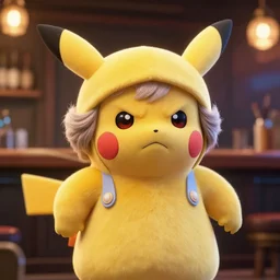 an angry cute granny in a pokemon costume. dimly lit bar background. editorial photography