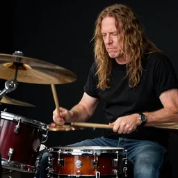 A closeup of Neil Peart playing drums on a motorcycle, by Greg Rutkowski, Raphael Lacoste, cgstation, 8k