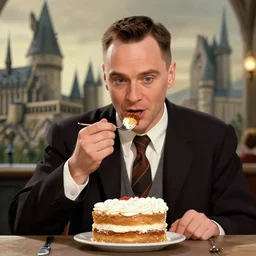 Forrest gump eating a cake in hogwarts, digital art, highly detailed, in the style of Jeszika Le Vye